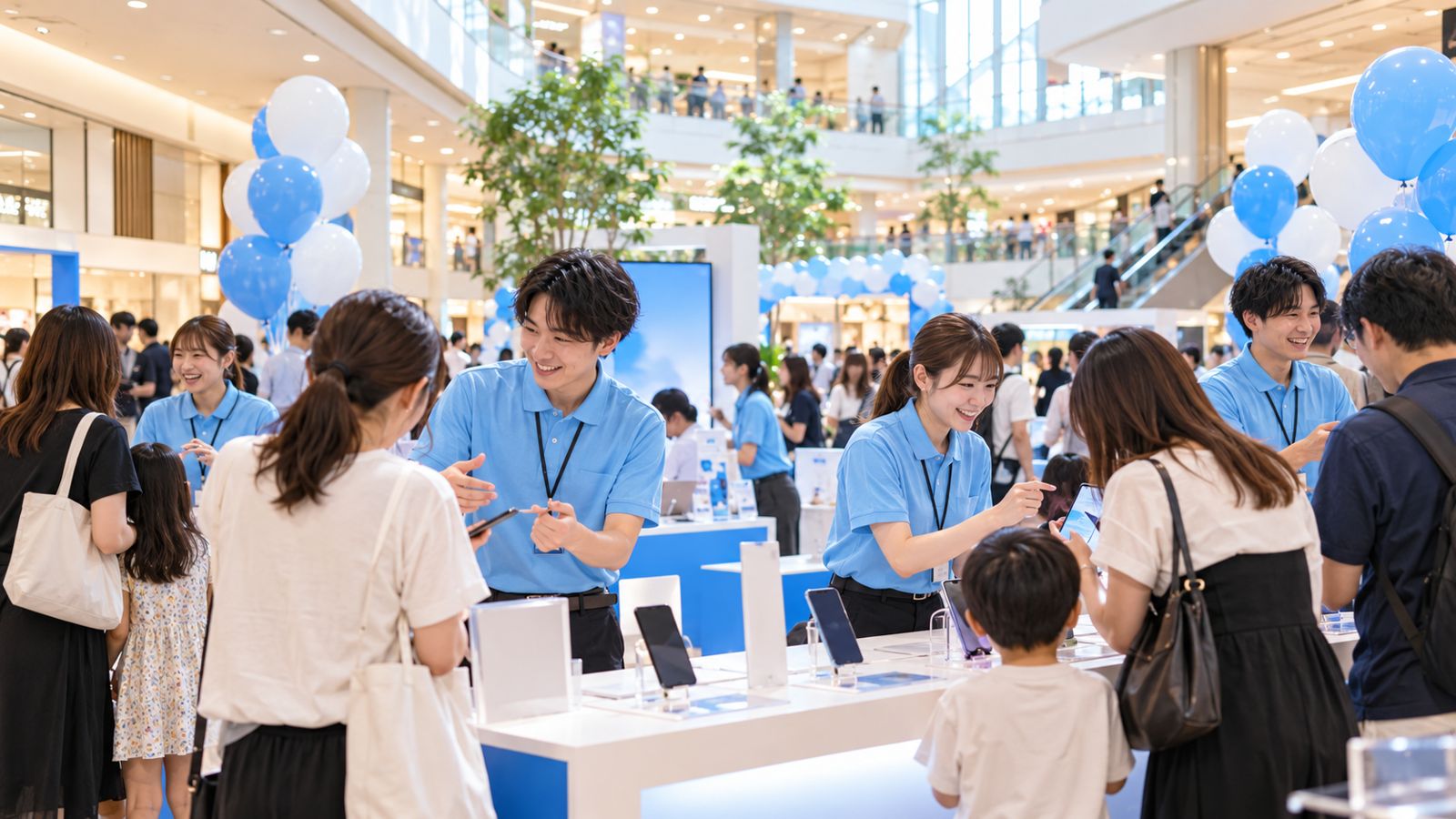 ショッピングモールのイベントブースで、スタッフがお客様にスマートフォンを案内している様子